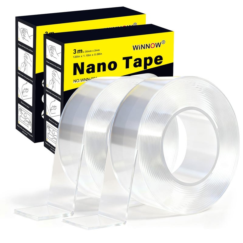 WINNOW 2 Pack Heavy Duty Double Sided Tape - Strong Adhesion and Reusable Nano Tape, Removable Mounting Tape for Hanging Indoor/Outdoor Christmas Decorations, Lights (1.18 inches x 20 feet) - Image 1